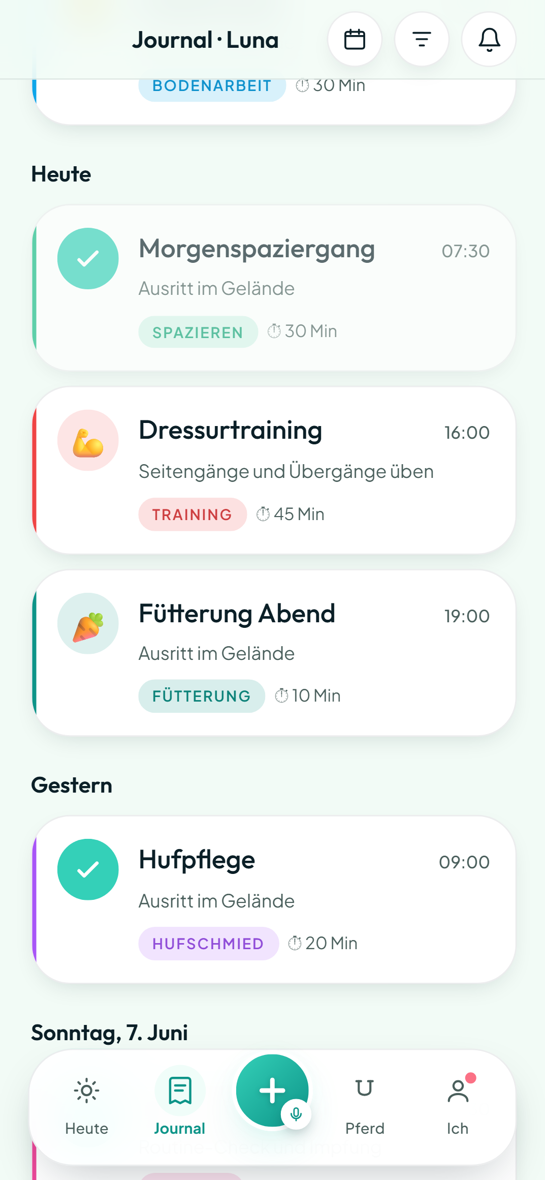 Tagebuch-Ansicht auf dem Smartphone im Hellmodus mit chronologischer Liste aller Aktivitäten der letzten Tage.