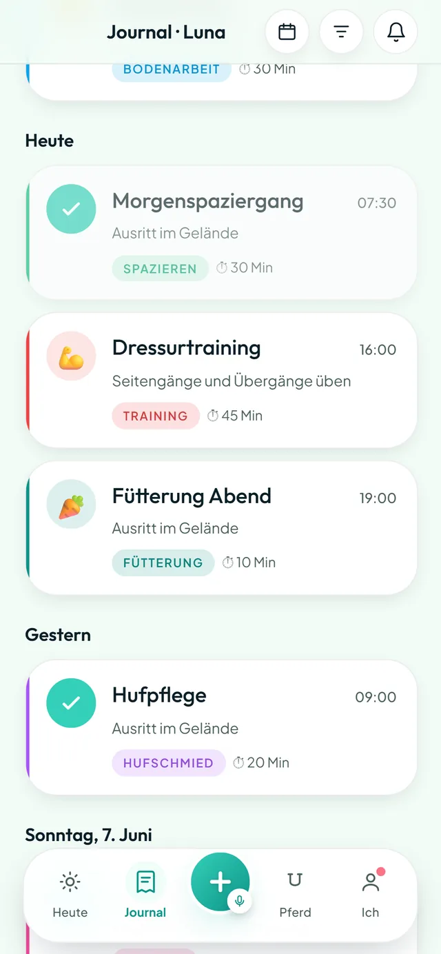 Tagebuch-Ansicht auf dem Smartphone im Hellmodus mit chronologischer Liste aller Aktivitäten der letzten Tage.